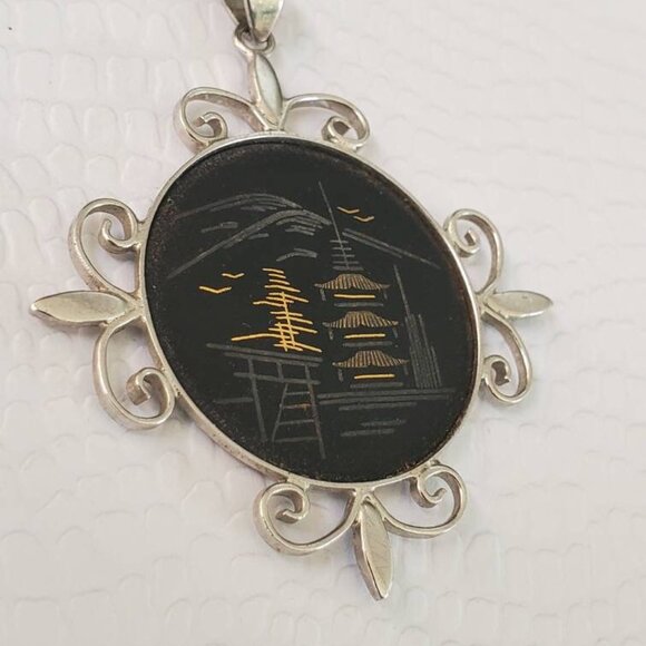 Vintage Damascene Asian Design Amita Sterling Silver Pendant - Picture 2 of 9